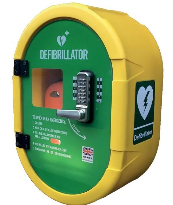 Outdoor metal defibrillator cabinet - waterproof, heated with keypad